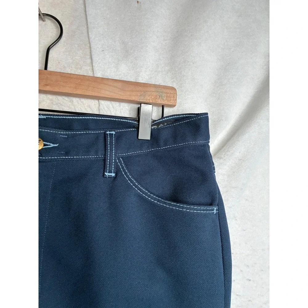 Vintage Farah Mens Navy Blue Trousers Contrast Stitch Polyester Pants USA SZ 37